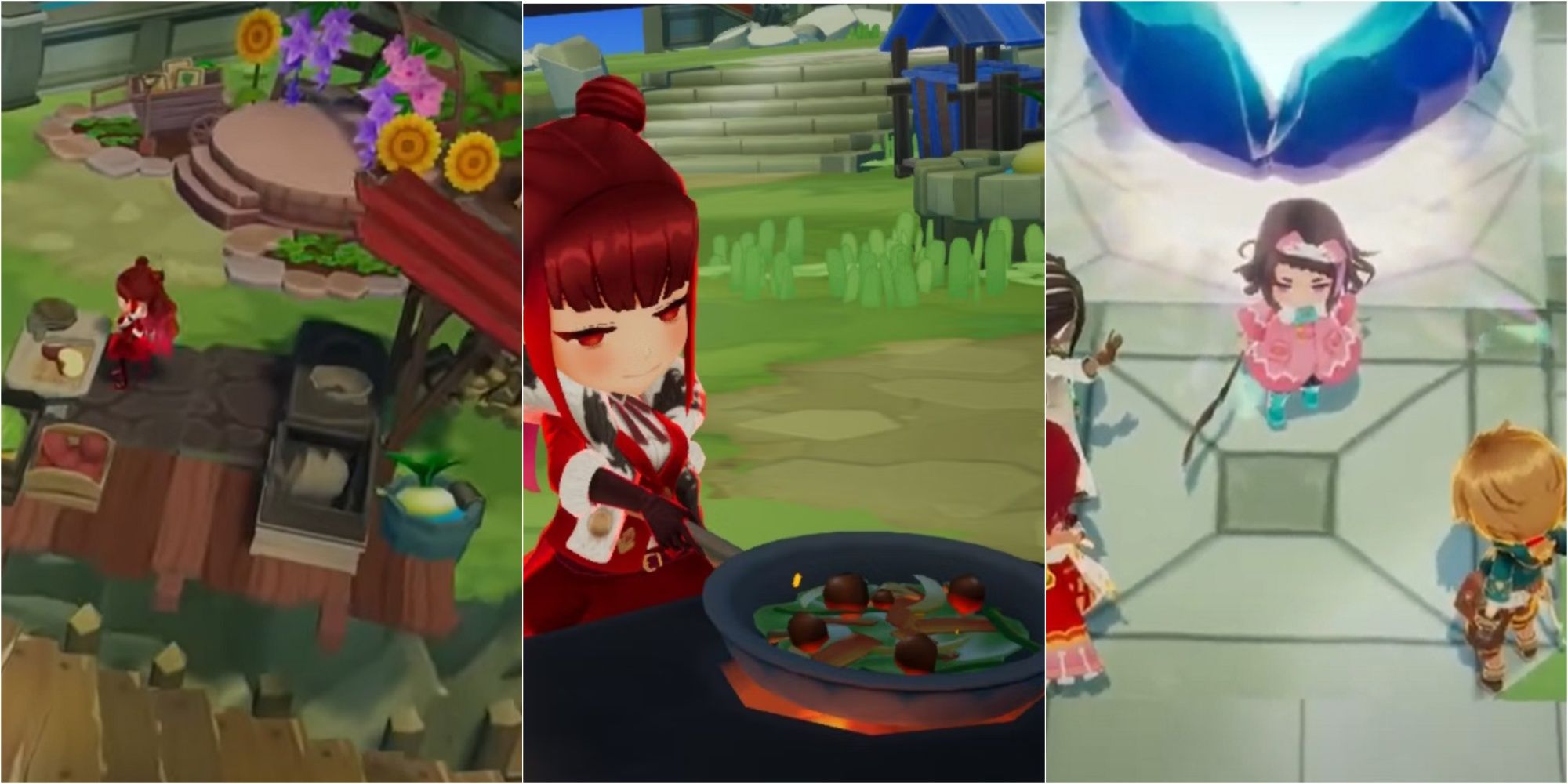 Silent Hope in three panels showing overview of cooking area, close up of cooking area, close up cinematic of player with pitchfork