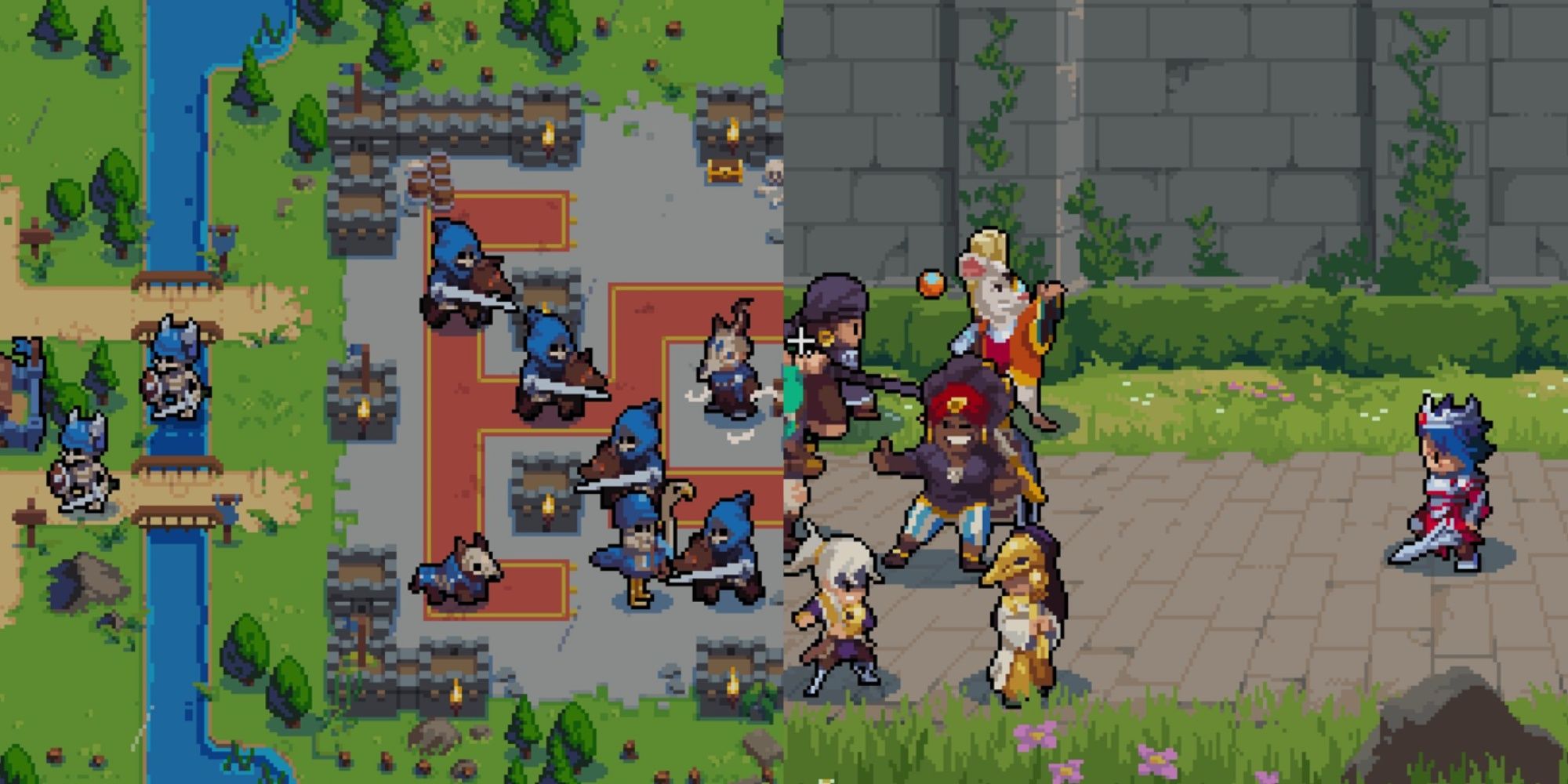 A collage of Valder preparing his army for combat and Mercia celebrating a victory with others in Wargroove 2.