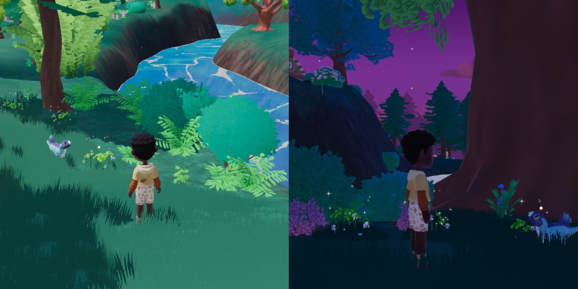 Split image featuring a player character and their light blue Psittacosaurus near a patch of Clover in Veridian Valley and the same player character and Psittacosaurus next to a patch of Dandelion in Dapplewood Forest in Paleo Pines.