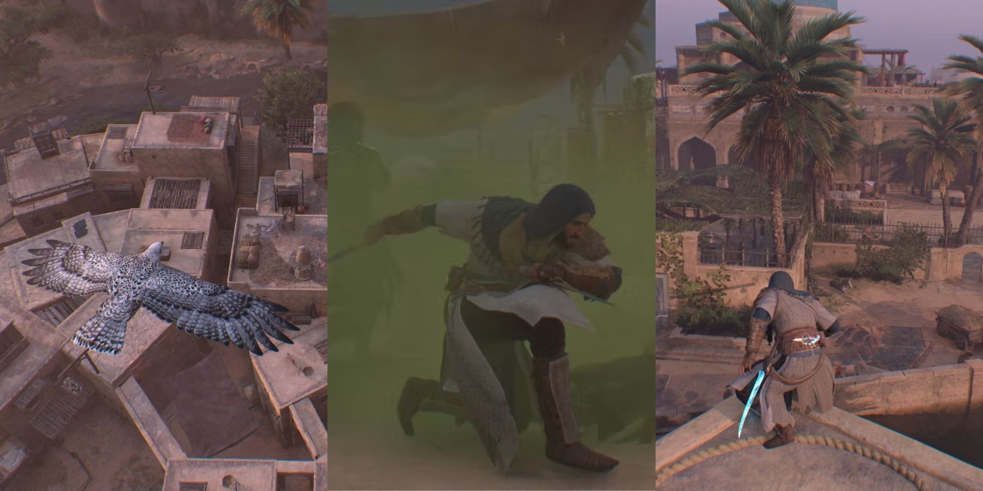 AC Mirage split image of Enkidu flying above, The player using the Hidden One knife and staking out an area