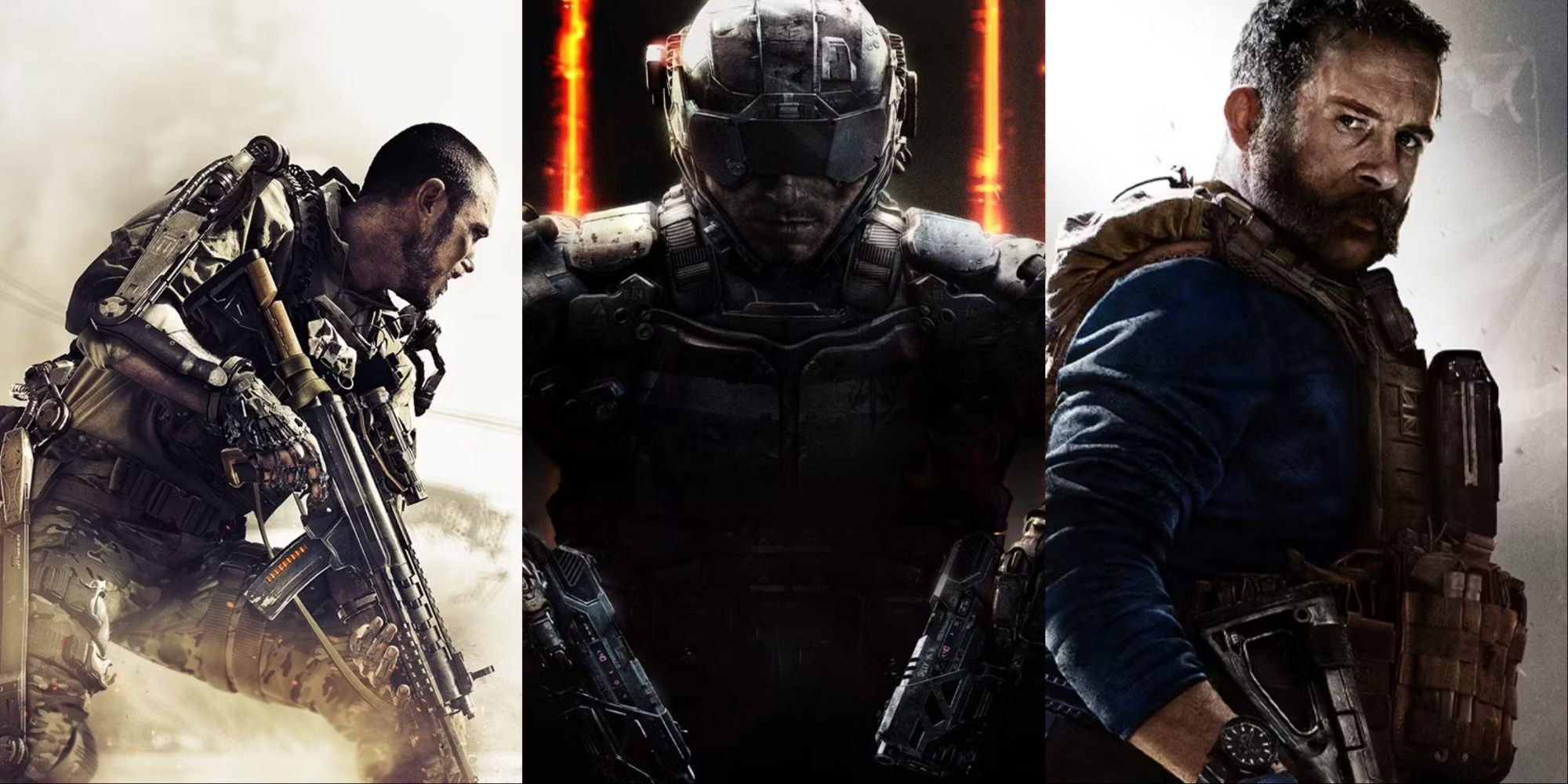 A collage showing the covers of Advanced Warfare, Black Ops 3, and Modern Warfare's reboot.