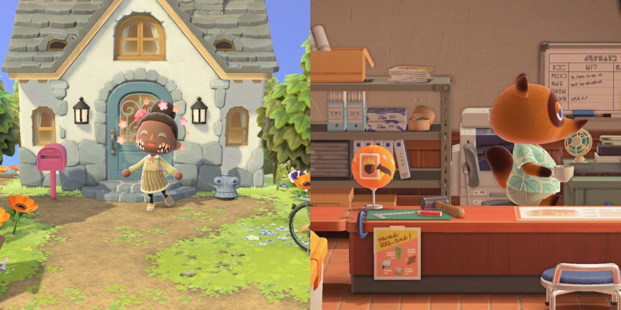 Split image featuring a player character using the Joy emote outside their white and grey stone house with grey stone roof, blue door, and pink mailbox and Tom Nook holding a coffee cup at his desk at Resident Services in Animal Crossing: New Horizons.
