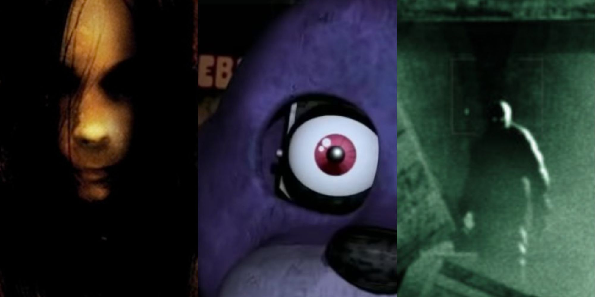 Imagery of the games FEAR, Five Nights At Freddys, and Outlast
