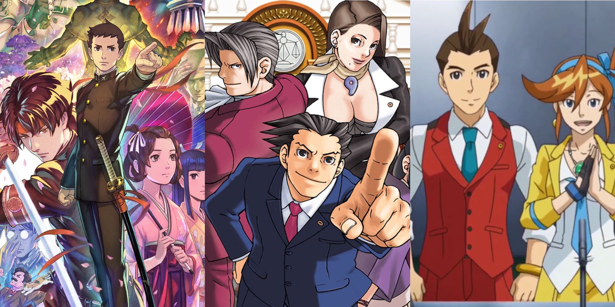 Eine Collage, die Charakterkunst für drei verschiedene Ace Attorney-Spiele zeigt.