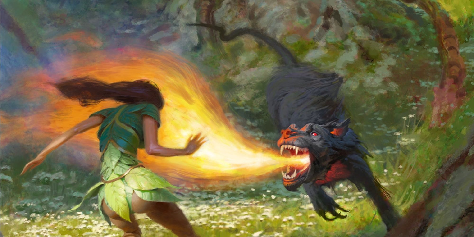 Ein Höllenhund aus Dungeons & Dragons sprüht Feuer aus seinem Maul auf einen Waldelfen