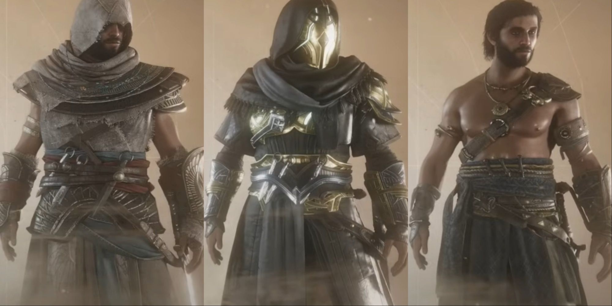 Three-image collage of the Hidden Ones Outfit, Milad's Outfit, and the Sand Outfit from the selection menu in AC Mirage.
