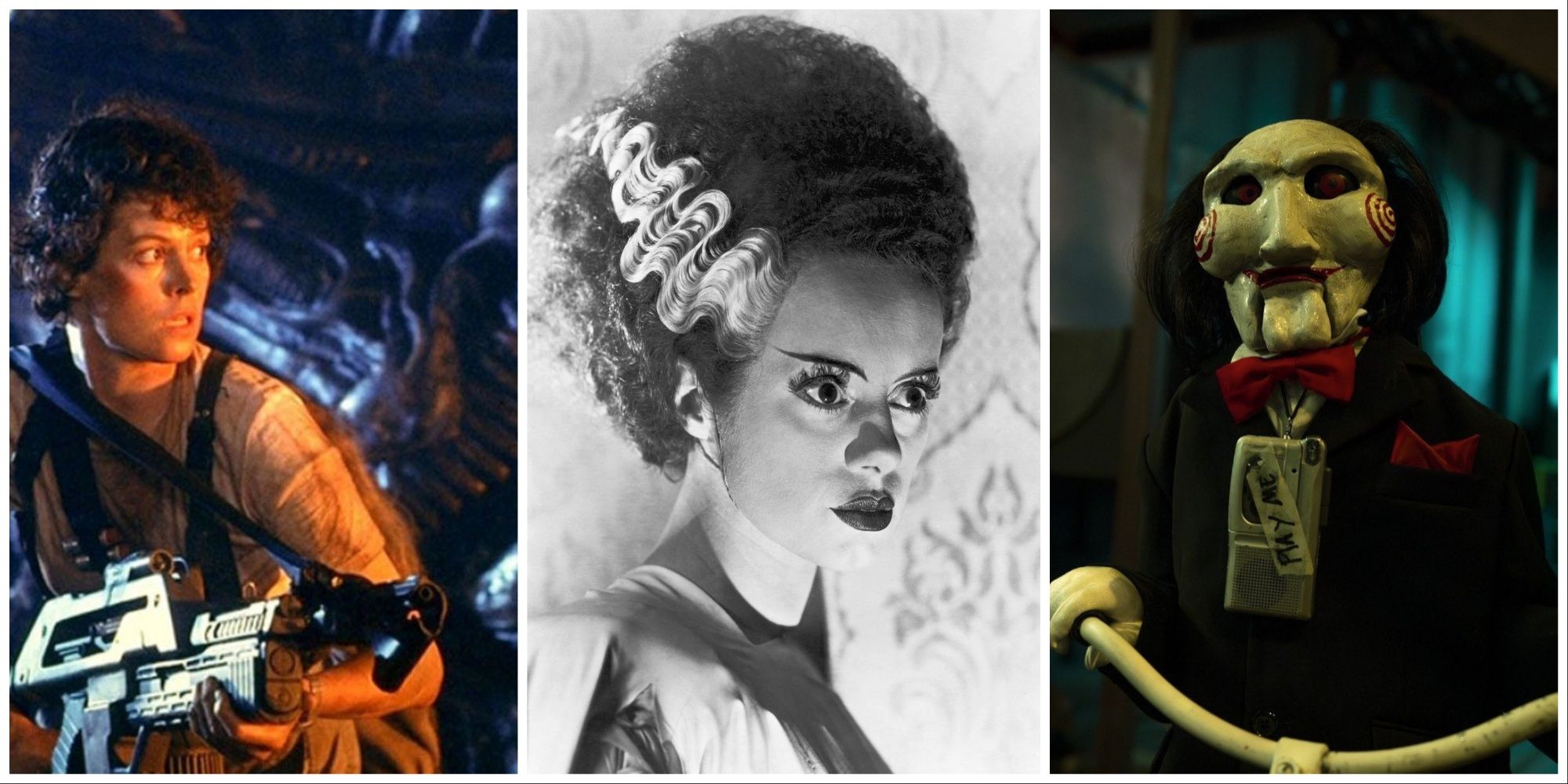 Collage image of Ellen Ripley from Aliens, The Bride of Frankenstein and Billy the Puppet from Saw.