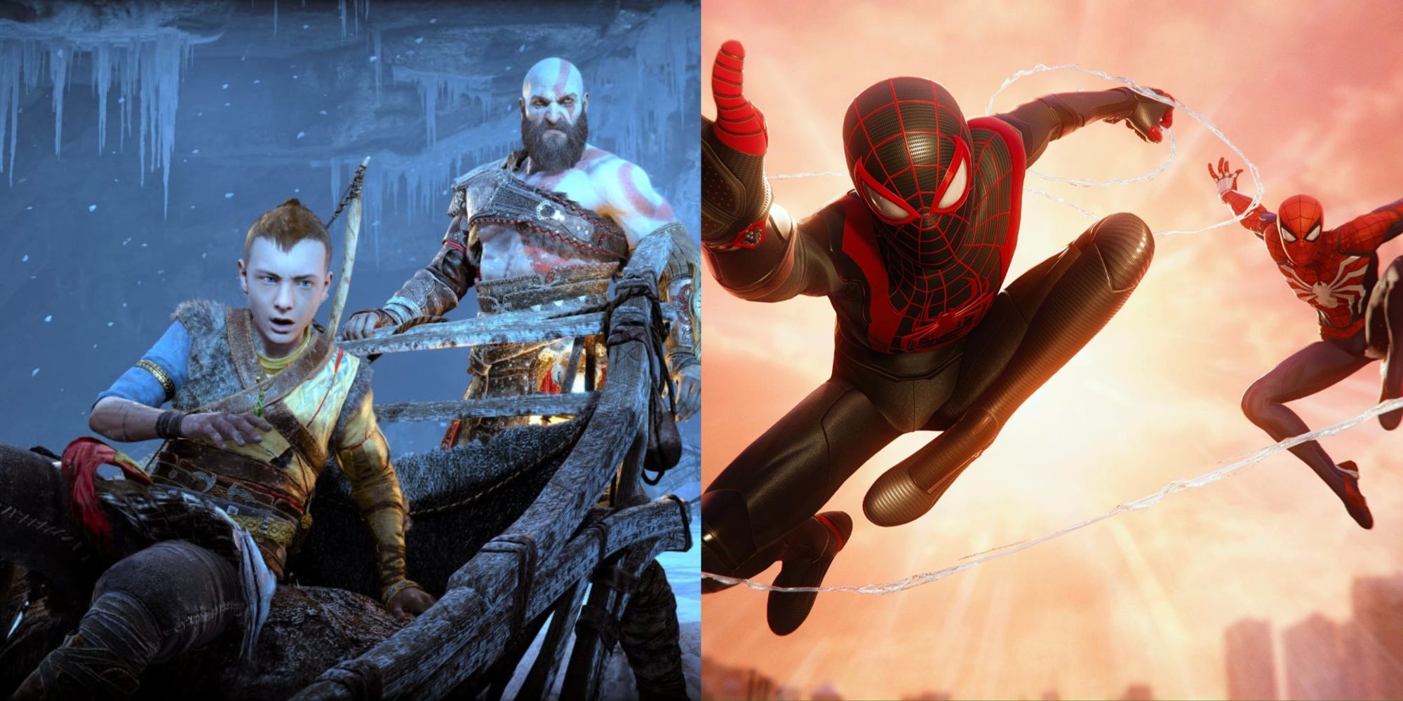 kratos pulling atreus on a sled in god of war ragnarok, and miles and peter swininging in spider-man