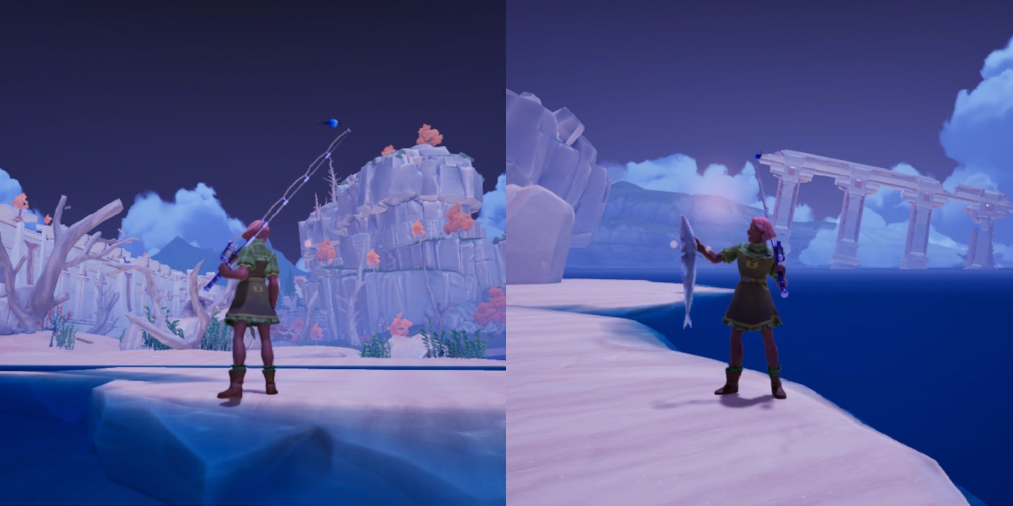 Split image featuring a player character facing away from the water in a pose with their fishing rod and a player character holding up a Barracuda in one hand at Bahari Bay in Palia.