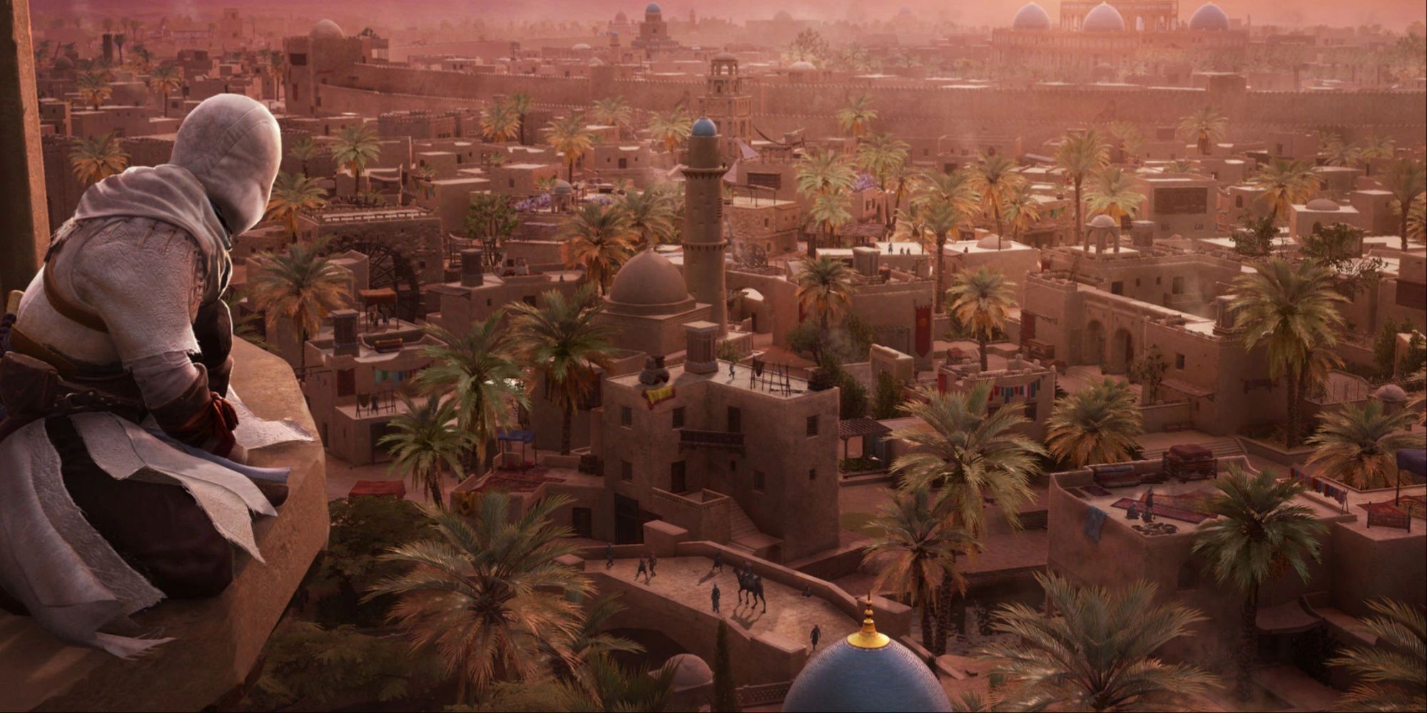 Assassin's Creed Mirage Basim perched on a building overlooking the cityscape of Baghdad and the scenic view.