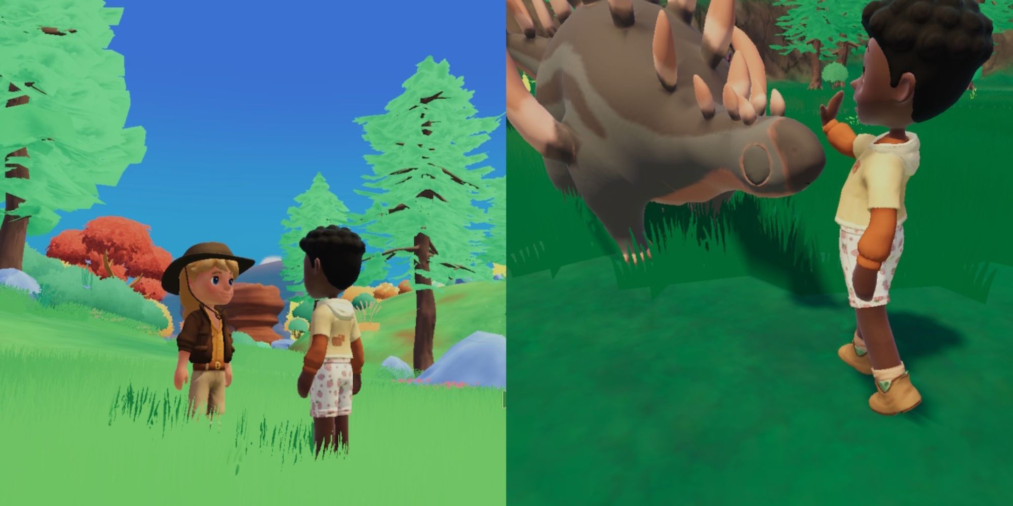 Split image featuring the player character speaking to Mari in Veridian Valley during the day and a player character befriending a Kentrosaurus in Paleo Pines.