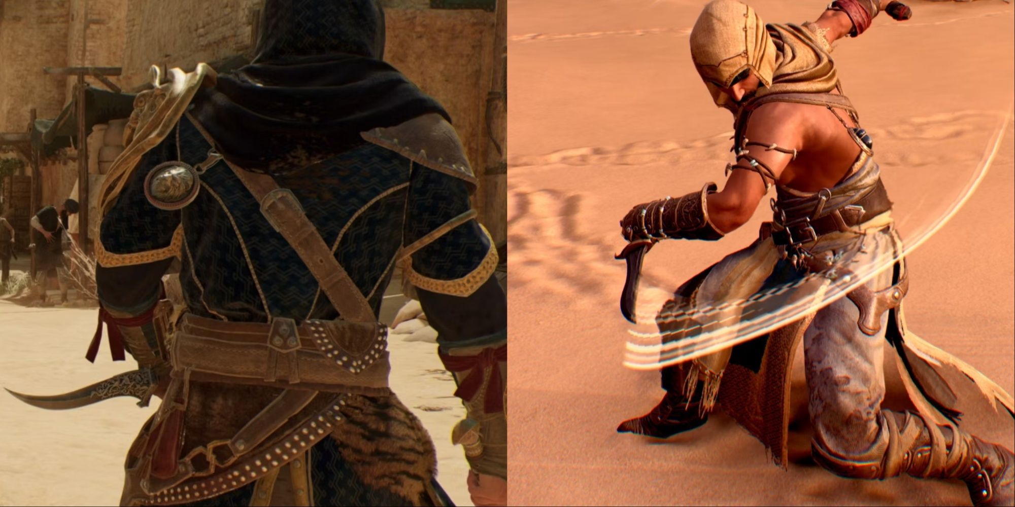 Split-image of Basim holding an Abbasid Dagger in a town square and Basim swinging a dagger in the Zanj Uprising Outfit in the desert.