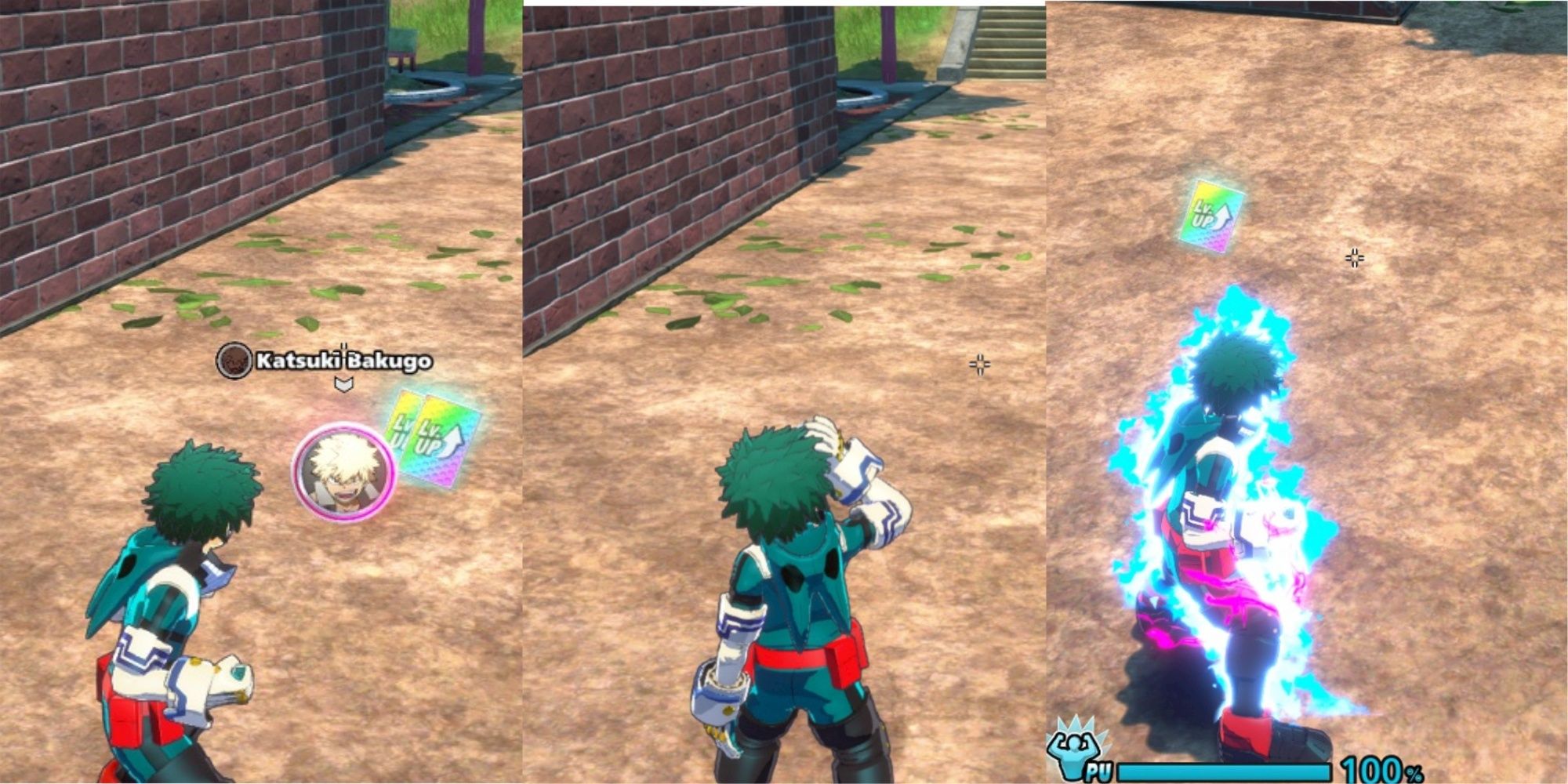 My Hero Ultra Rumble three images of the character finding an item, using an item, picking up an item.