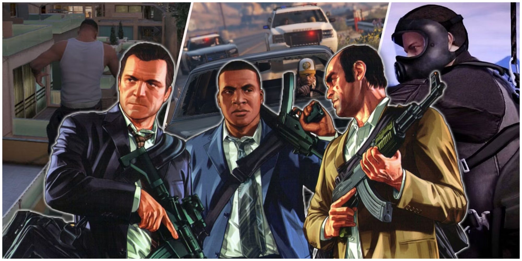 GTA 5 main characters against a background of in game images