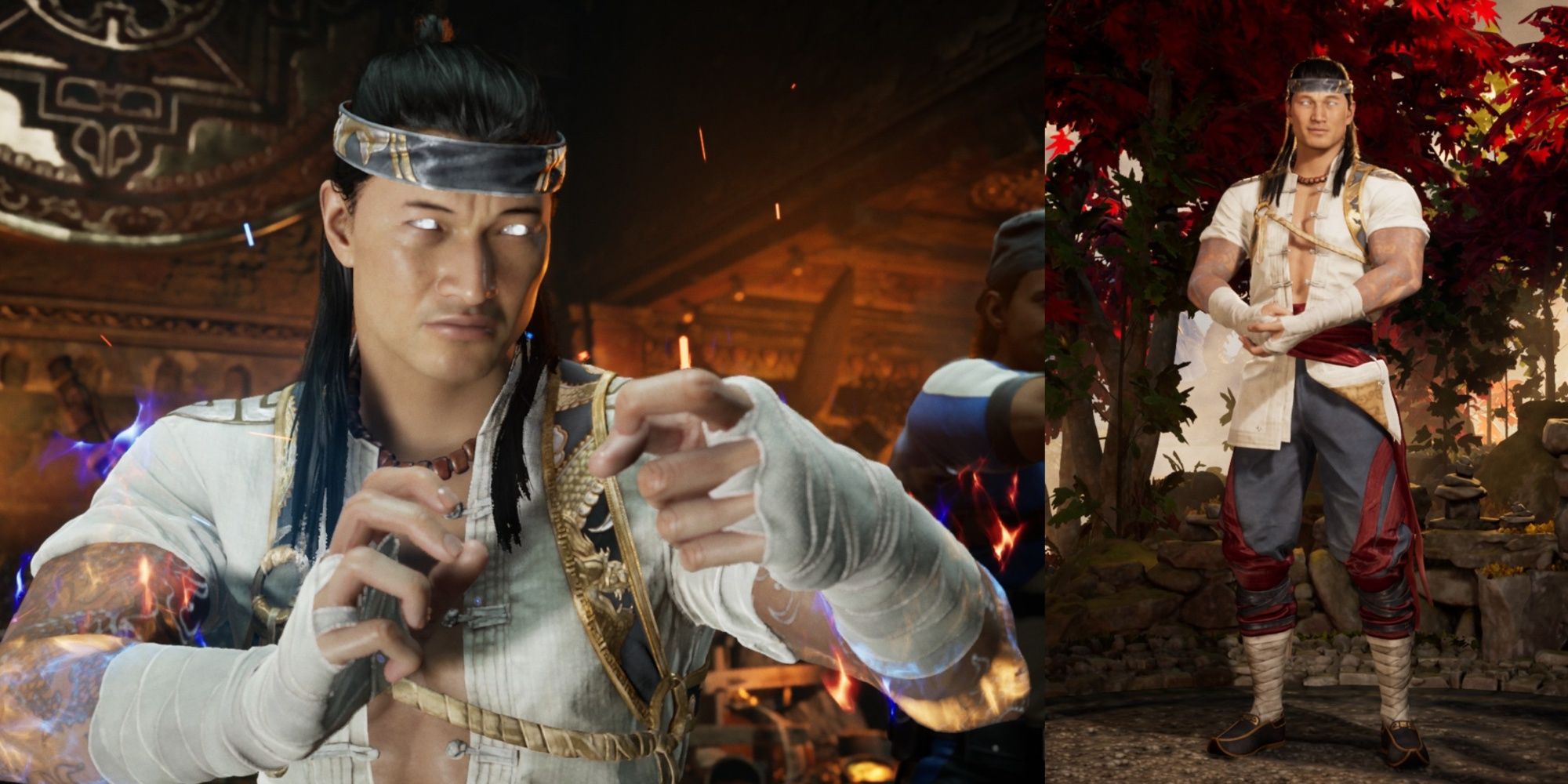 A collage of Liu Kang preparing for a fight and him in a forest in Mortal Kombat 1.