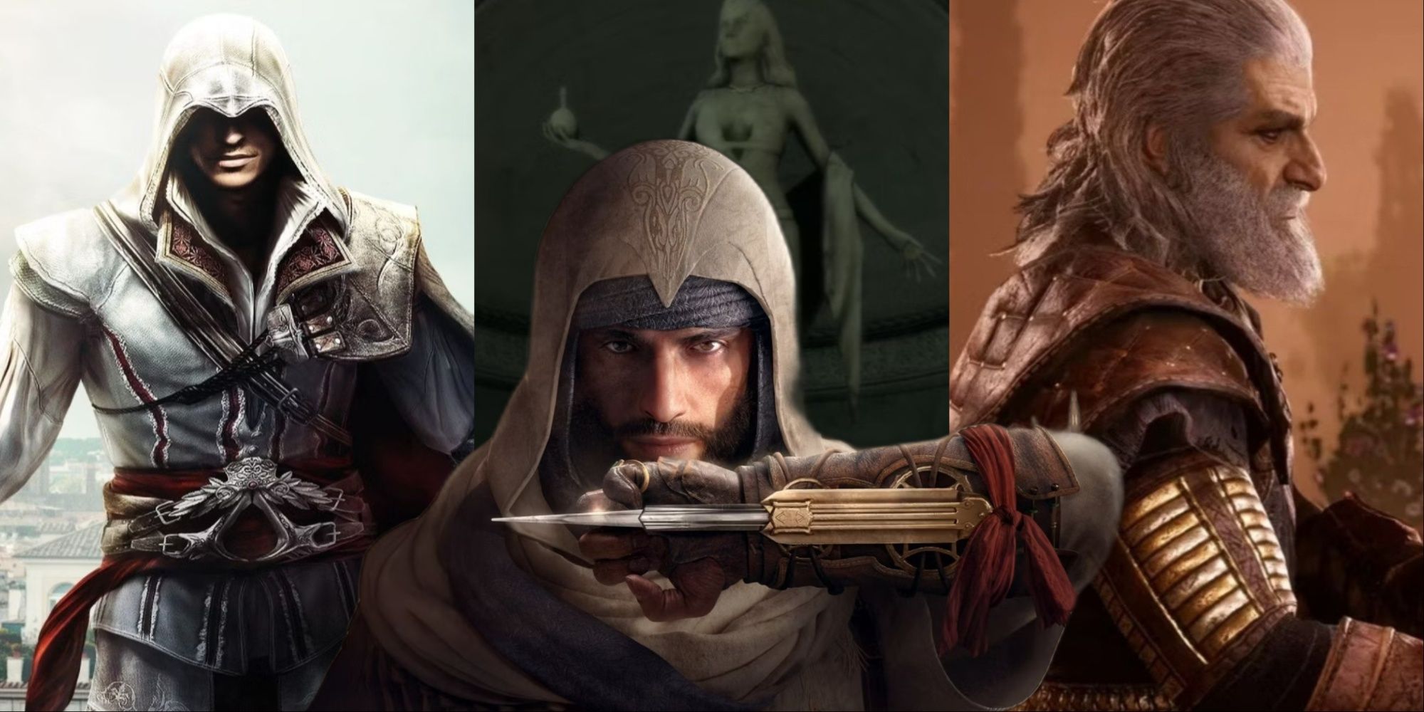 A three-image collage of Ezio from the Trilogy Cover Art, the statue of Iltani in AC2, and Darius from the AC Odyssey DLC, with Basim with his hidden blade out in the center.