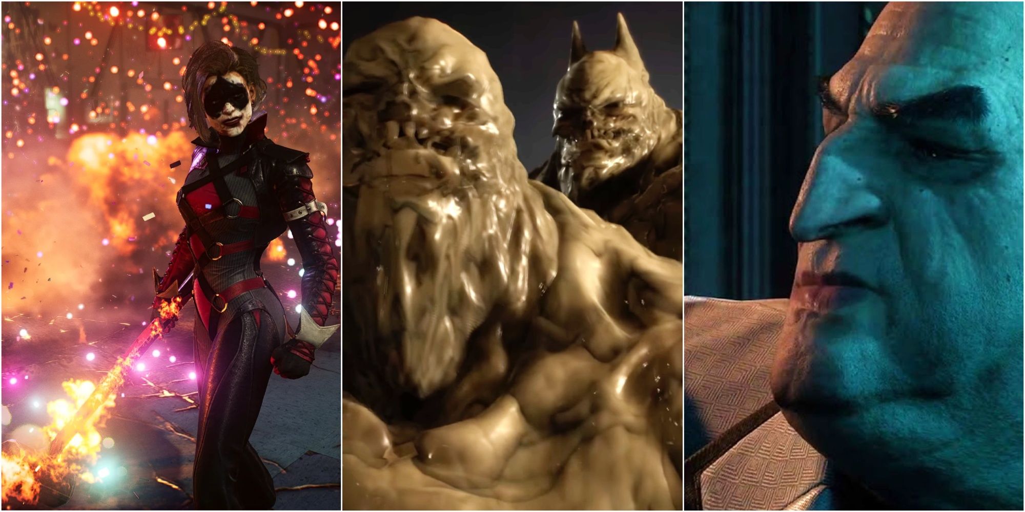 Collage image of Harley Quinn, Clayface, and Penguin in Gotham Knights.