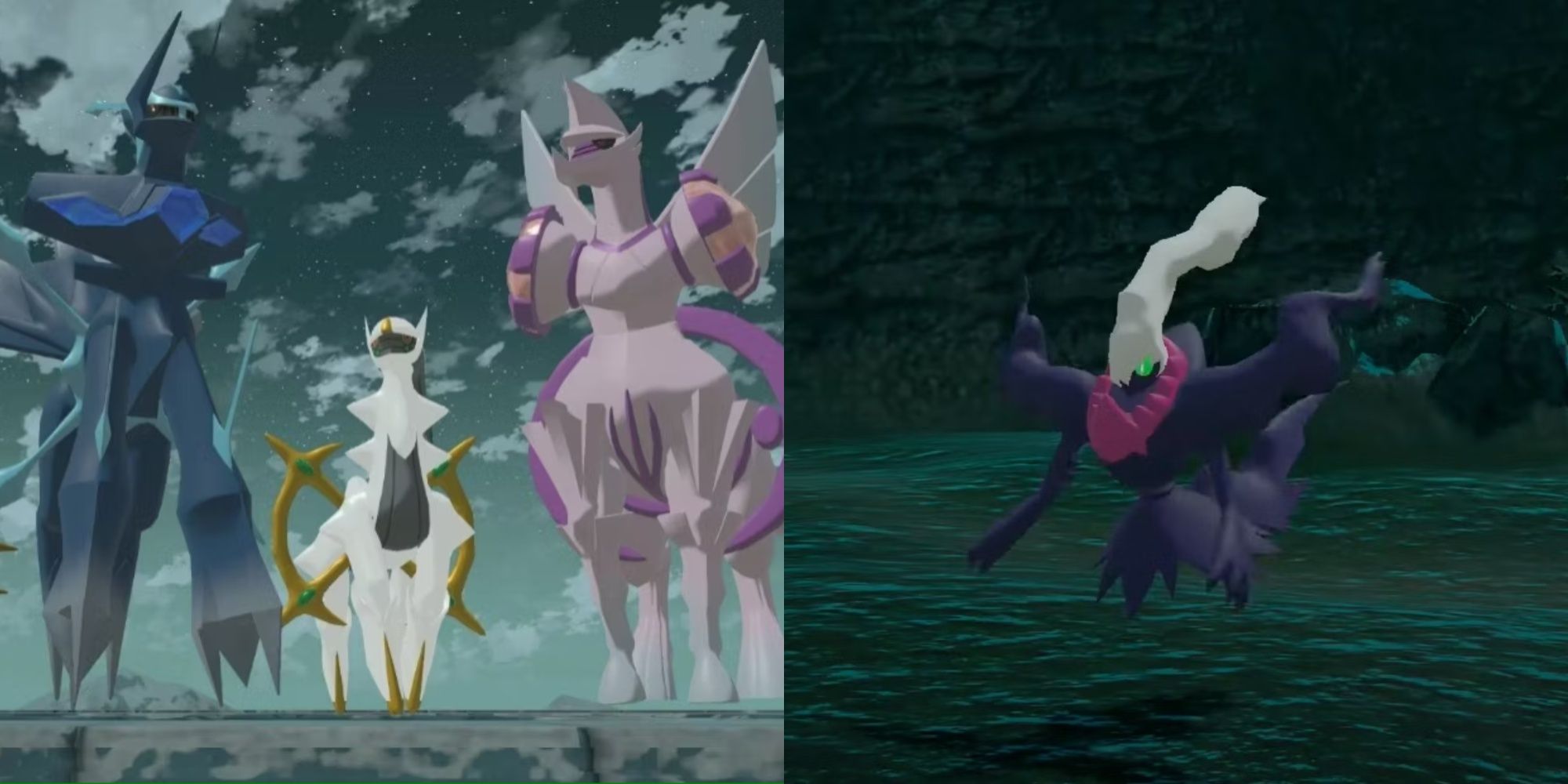 Collage image of Dialga, Arceus, Palkia, and Darkrai in Pokemon Legends: Arceus.
