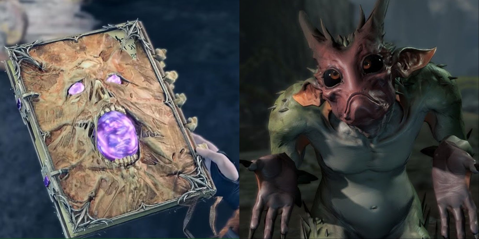 split image showing a necromancy book and a quasit from baldur's gate 3