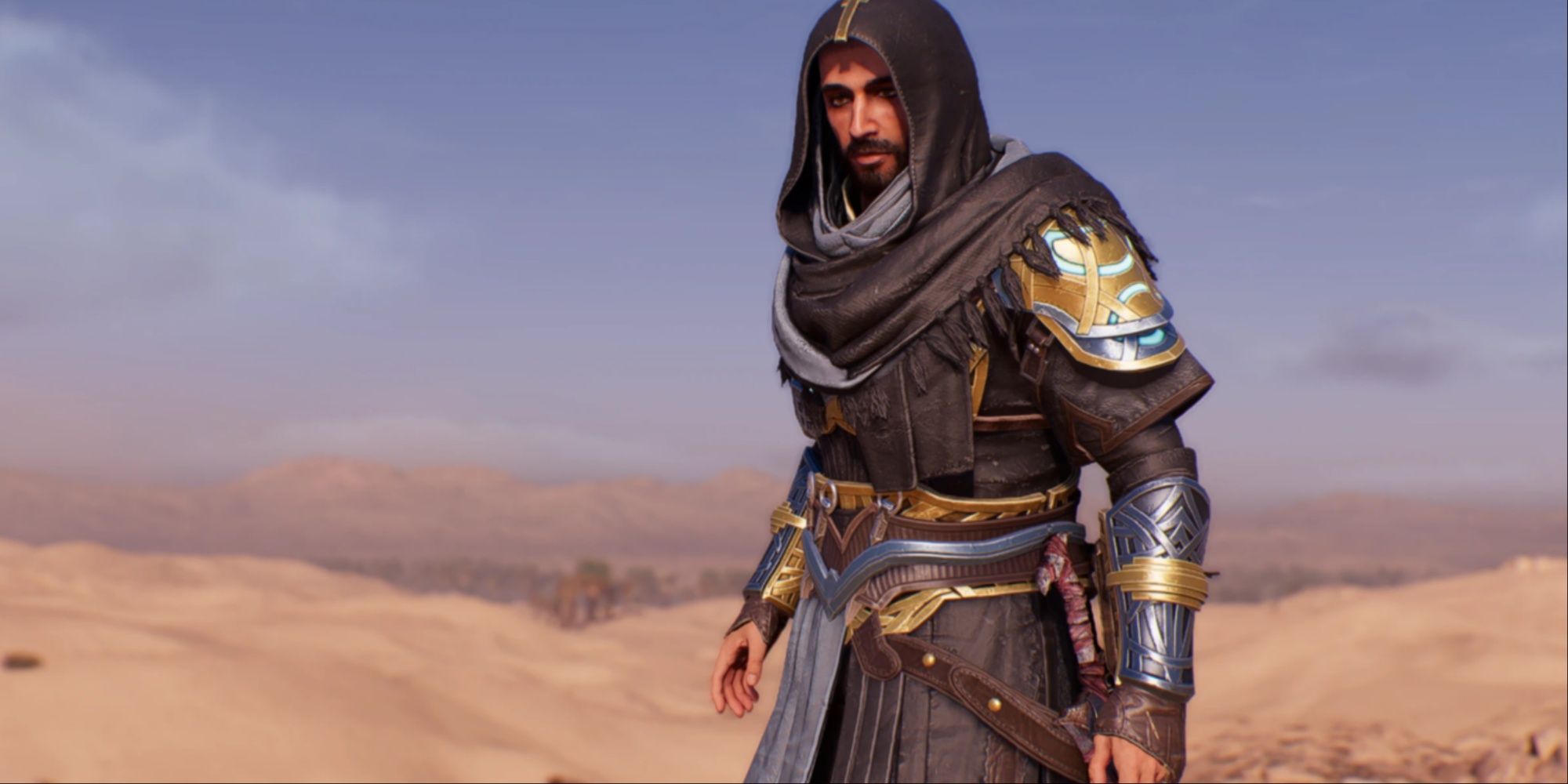 Basim in the middle of the desert with Milad's Outfit on but no mask, thanks to the mod by IBSARP.