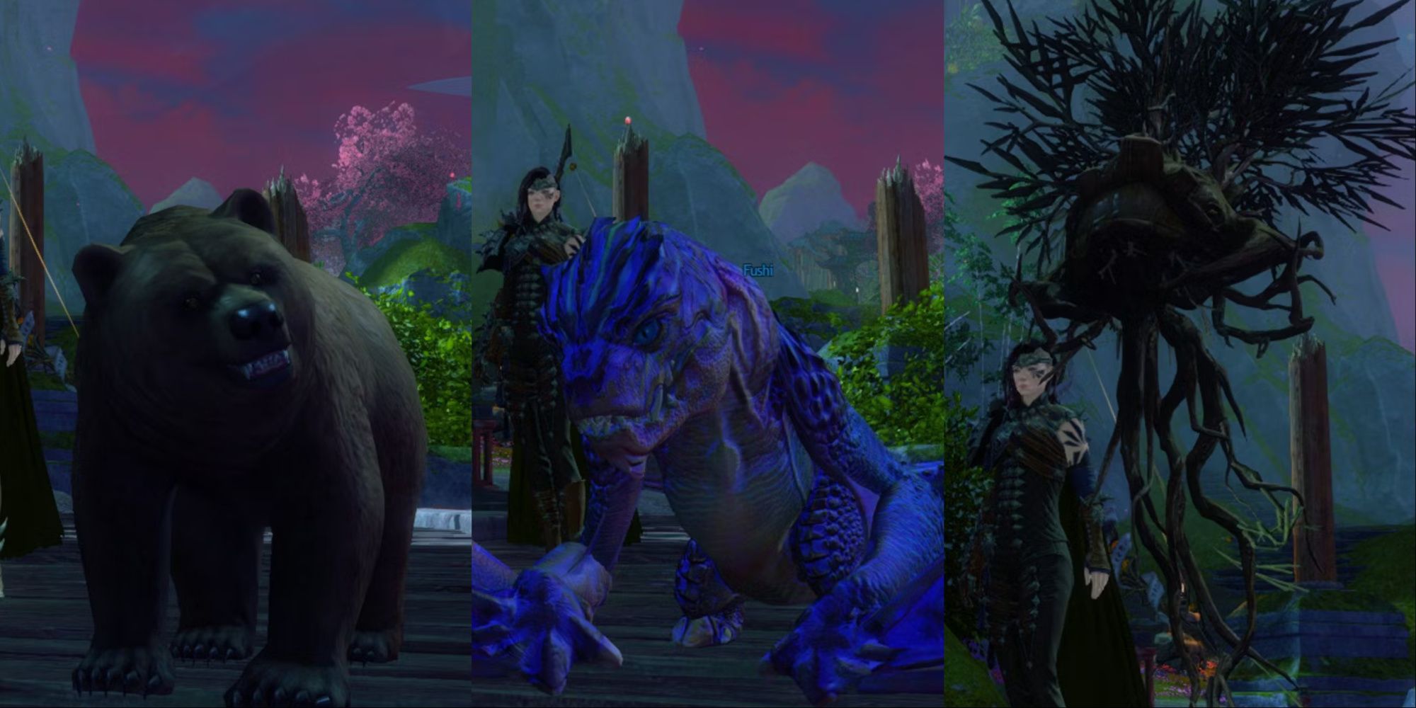 A collage showing three different pets next to their master in Guild Wars 2.
