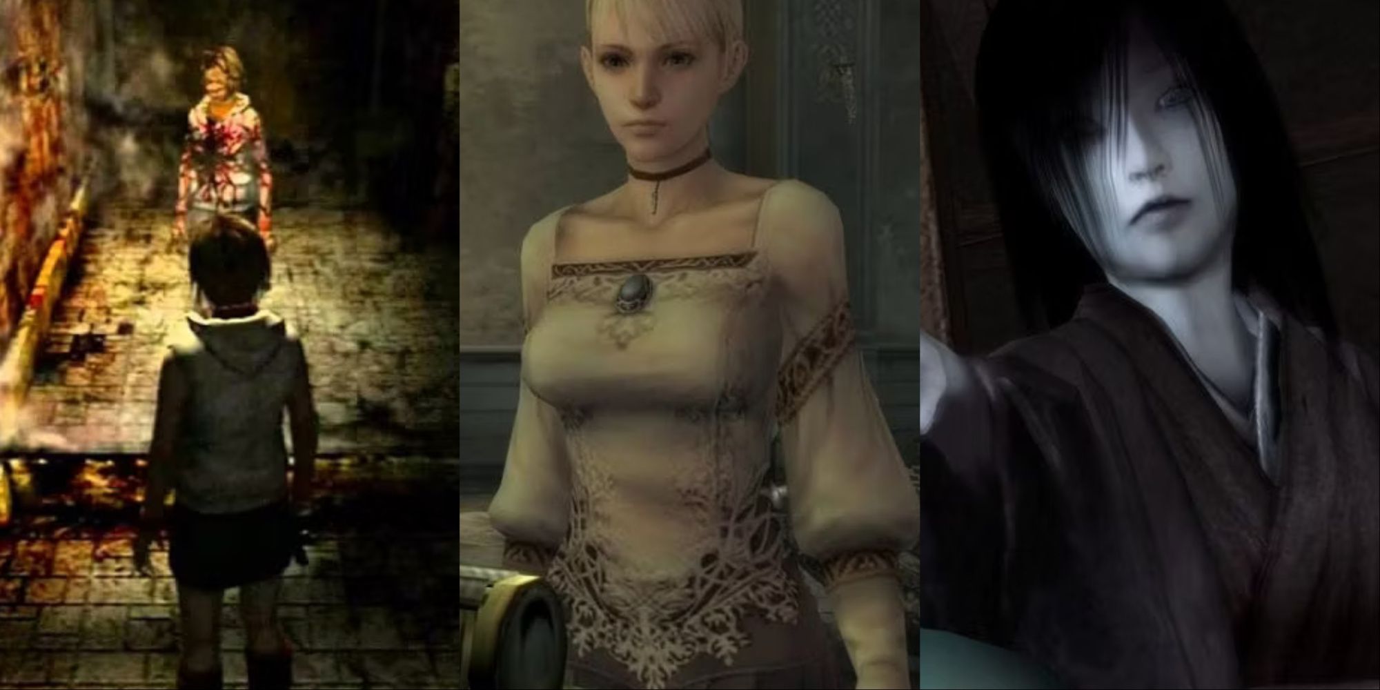 A collage showing characters from Silent Hill 3, Hunting Grounds, and Fatal Frame 3.