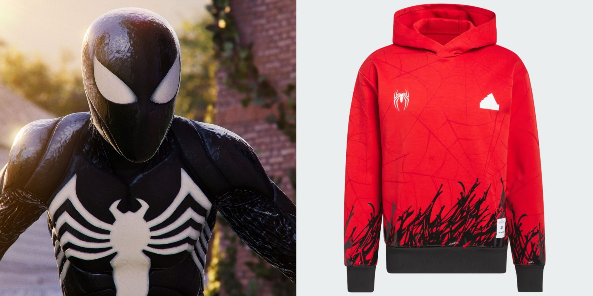symbiote spider-man looking at an adidas spider-man hoodie