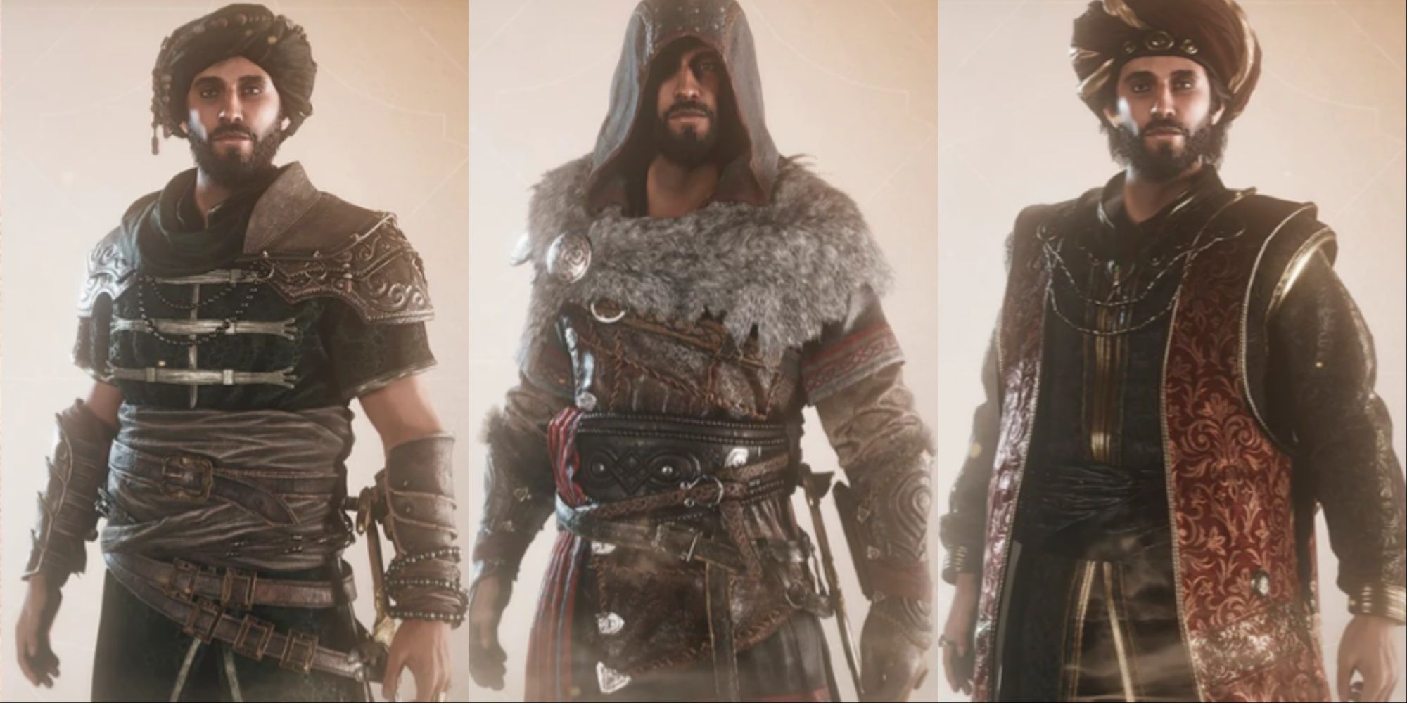Three-image collage of Basim dressed in Ali's outfit, Eivor's outfit, and the Caliph's outfit due to the mod by QuilLeeR.