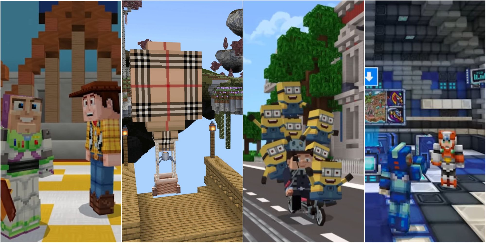 From left to right, a selection of different Minecraft collab DLCs: Toy Story, Burberry, Minions, and Megaman X.