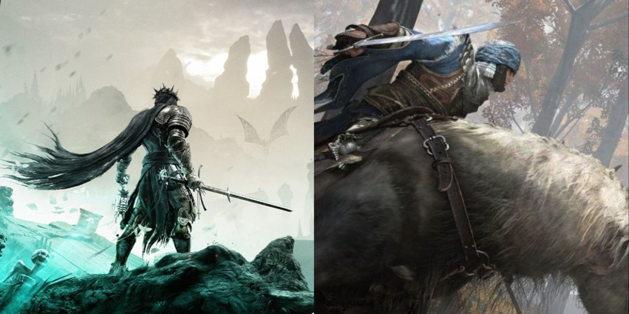 a collage of elden ring character riding a horse and lords of the fallen character wielding a sword against skeletons