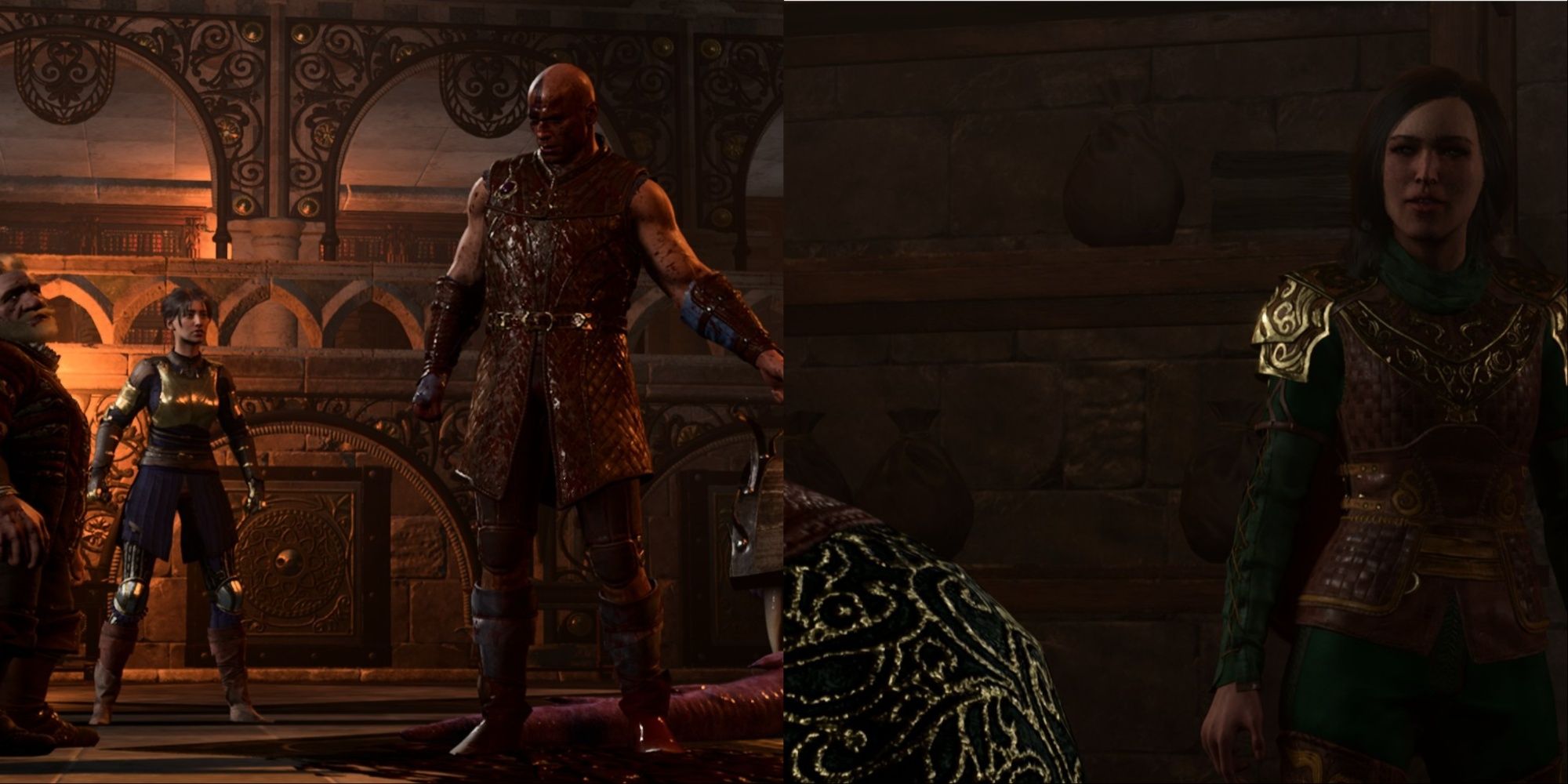 Split image of Minsc in the counting house and Nine-Fingers in her office in Baldur's Gate 3