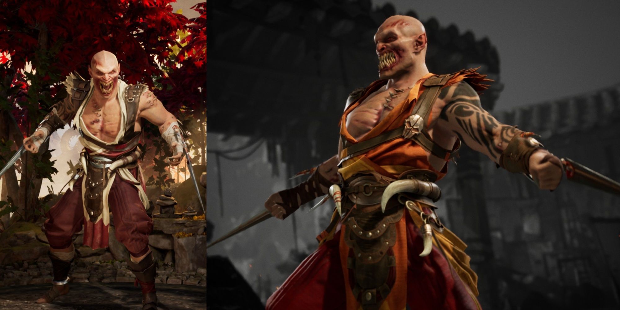 A collage of Baraka in a forest and him preparing to perform is first Fatality in Mortal Kombat 1.