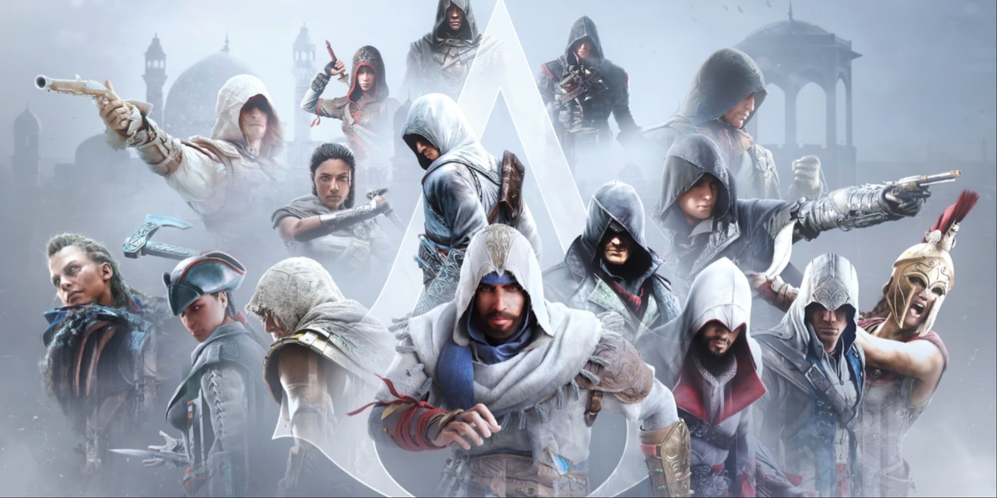 Offizielles Artwork von Ubisoft, das alle Attentäter aller Spiele der Serie zusammen in einem einzigen Bild inmitten des Logos und eines verschwommenen Hintergrunds zeigt.