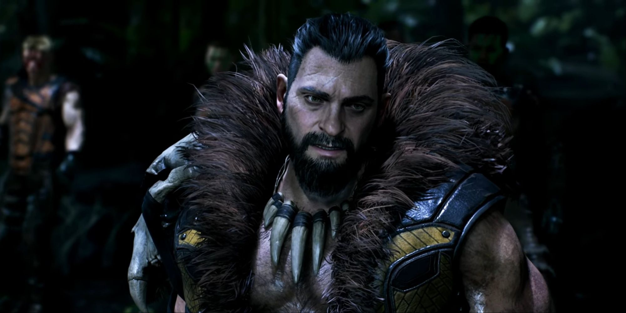 Close-up of Kraven the Hunter talking to his team about targets in the jungle at the beginning of the game.