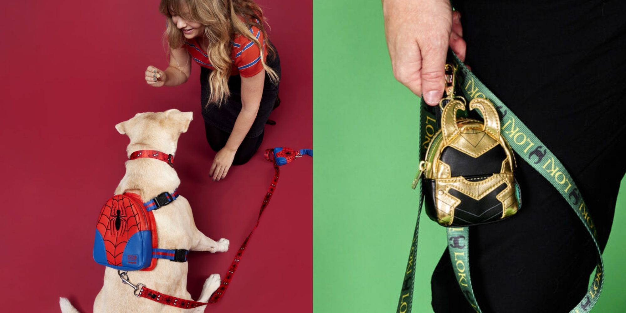 someone feeding a dog wearing a spider-man backpack, and holding a loki dog treat bag