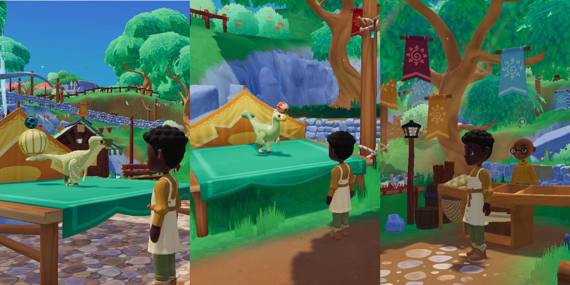 Split image featuring a player character looking at a yellow Deinonychus balancing balls on its tail, a player character watching a green Deinonychus balancing a ball on its head, and a player character standing near Corlan's stall during Shenanigan in Paleo Pines.