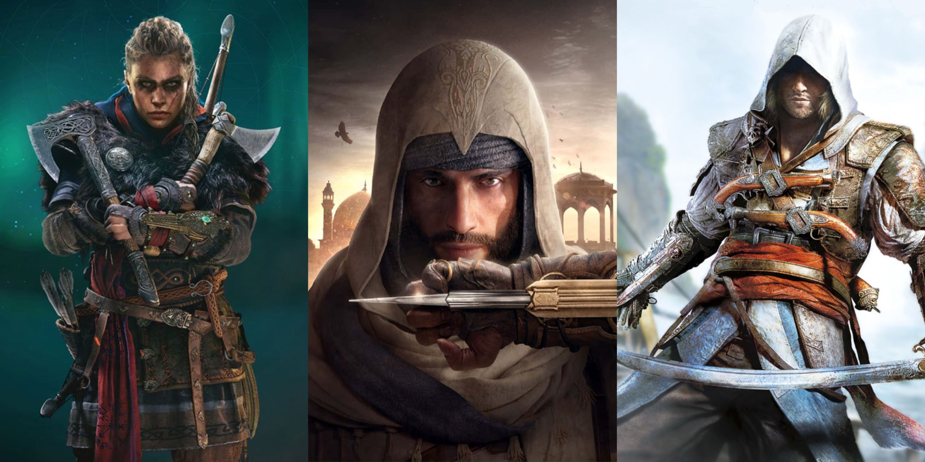 Split image of Assassin's Creed Protagonists Eivor, Basim, and Edward Kenway