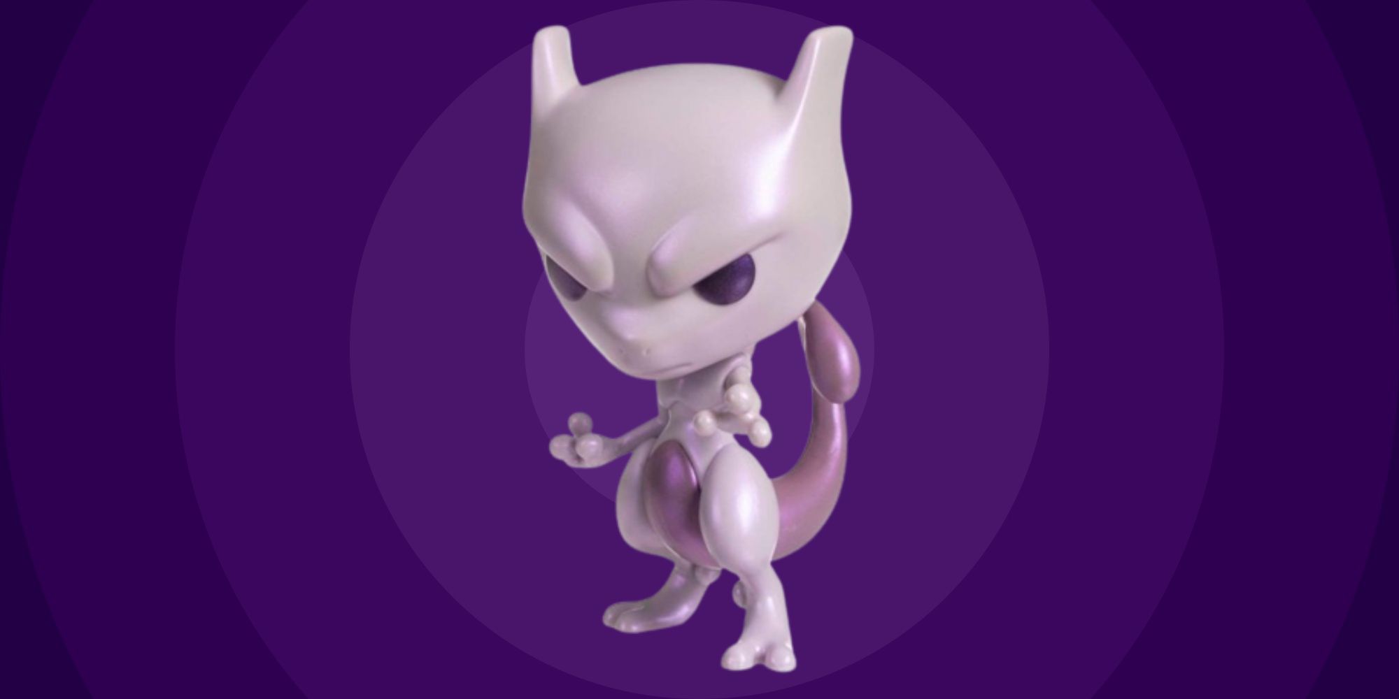 pearescent mewtwo funko pop on a purple background