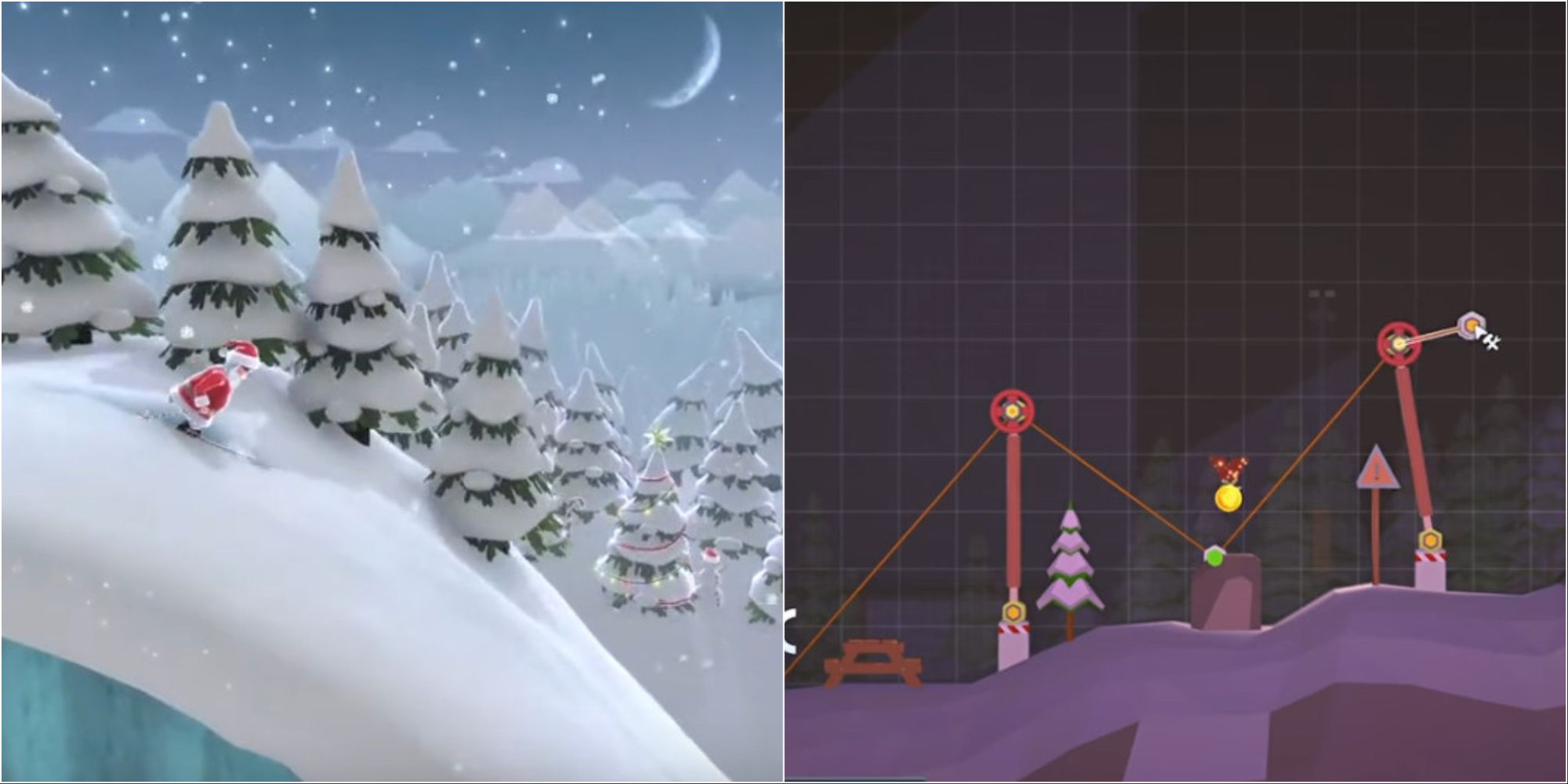 Left: Santa skis down a hill in Santa's Slippery Slope. Right: Building a ski lift in When Ski Lifts Go Wrong