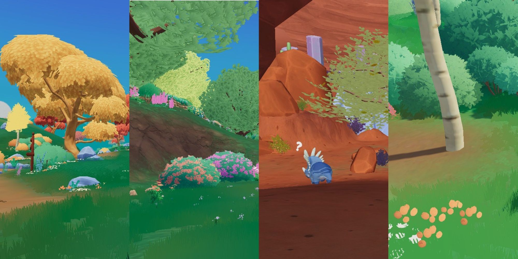 Split image featuring orange and red trees in Veridian Valley during Cretumnus, flowering bushes in Dapplewood Forest during Jurassos, a Styracosaurus in Ariacotta Canyon in Triassea, and a birch tree in Veridian Valley during Jurassos in Paleo Pines.