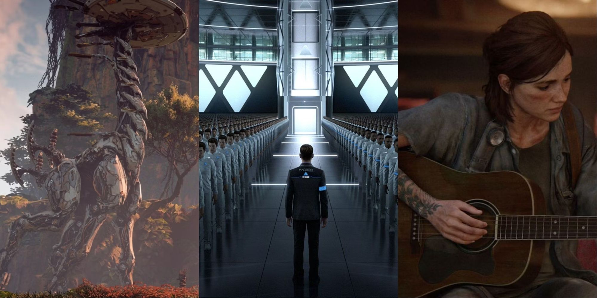 Three-image collage of a Tallneck from Horizon Zero Dawn, Connor among androids inside their factory in Detroit: Become Human, and Ellie playing guitar in The Last of Us Part 2.