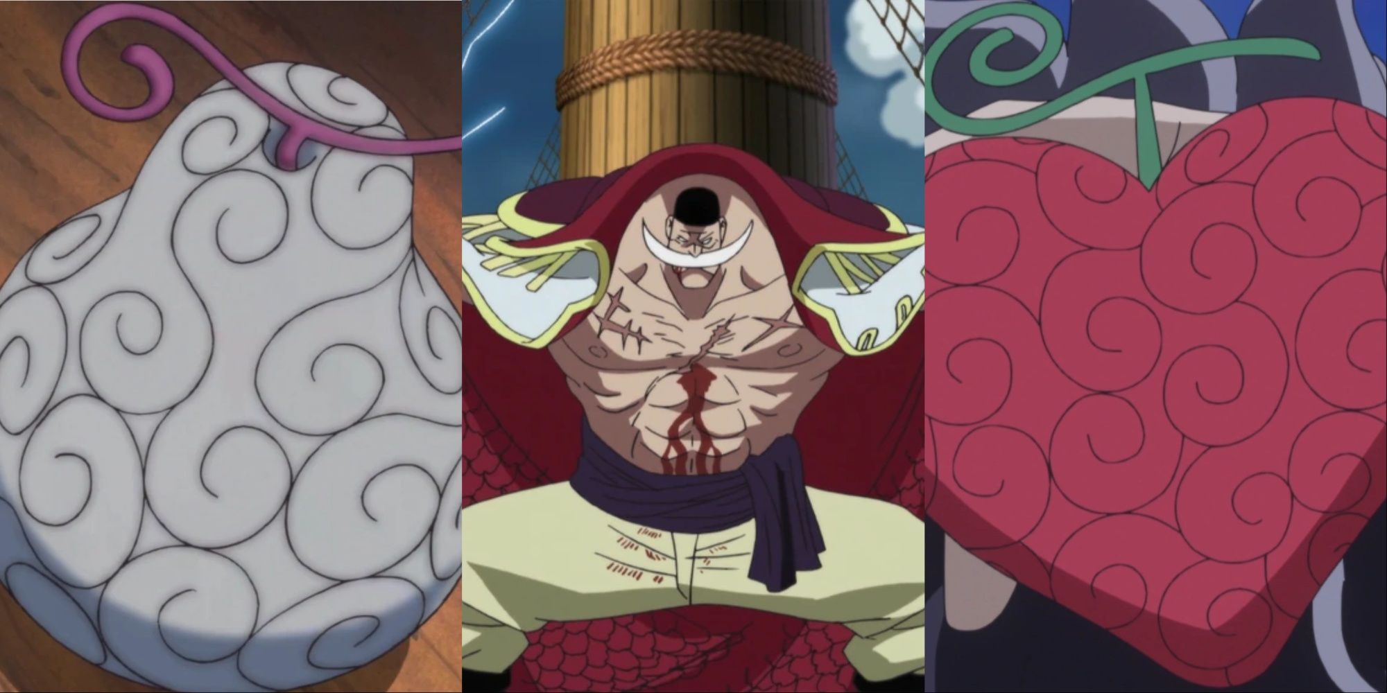 Das Ito Ito no Mi, Ope Ope no Mi und Whitebeard aus One Piece.
