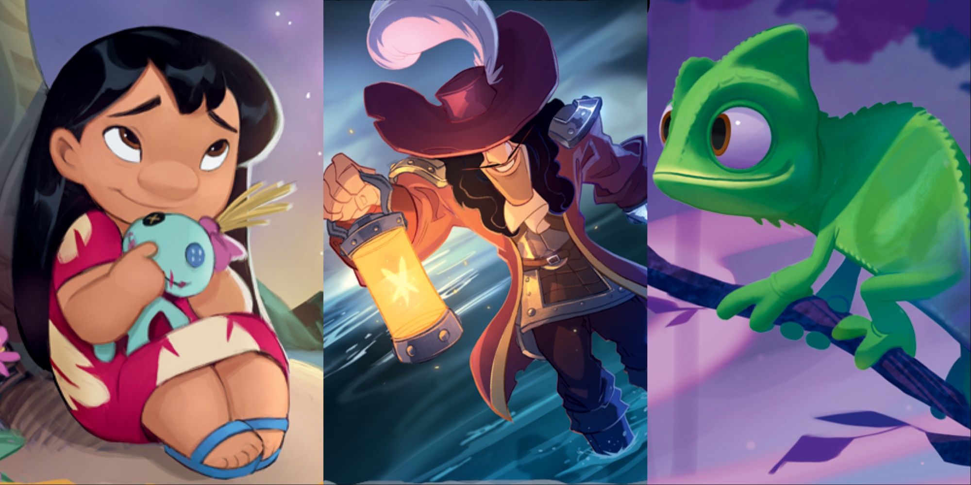 Disney Lorcana One Drops header image featuring lilo, captain hook, and pascal