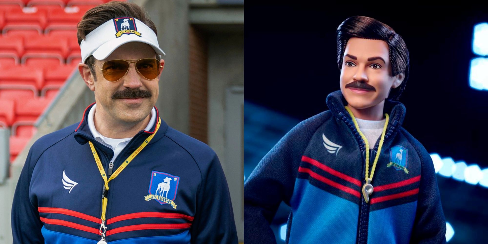 jason sudekis as ted lasso and the barbie doll based on his character