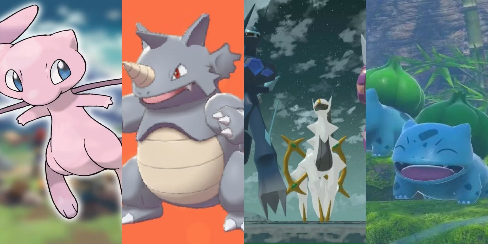 Pokemon Mew, Rhydon, Arceus, and a pair of Bulbasaur, left to right