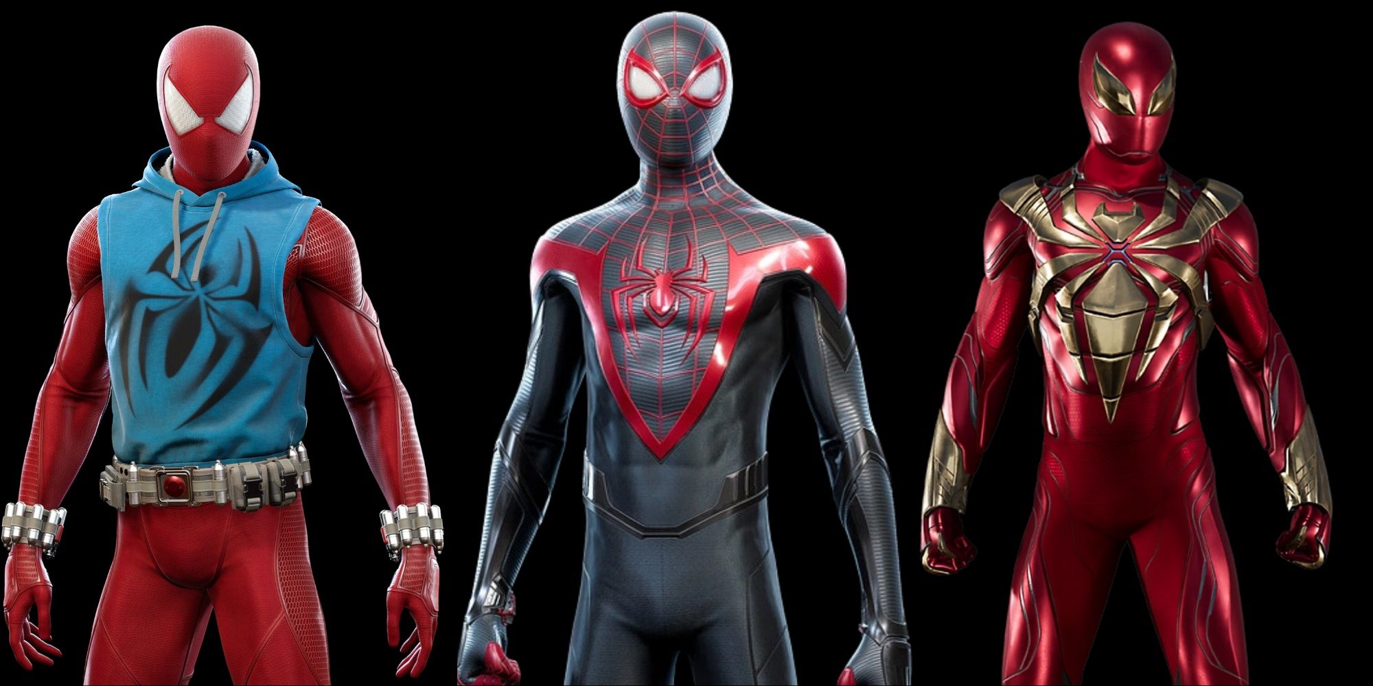 Collage of the Scarlet Spider, Classic Miles and Iron Spider Armour suits from Marvel's Spider-Man 2.