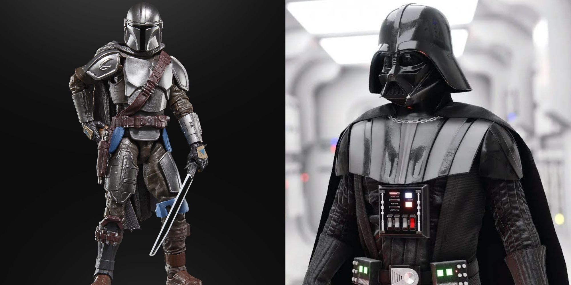 the mandalorian black series action figure olding the darksaber, and darth vader in a new hope