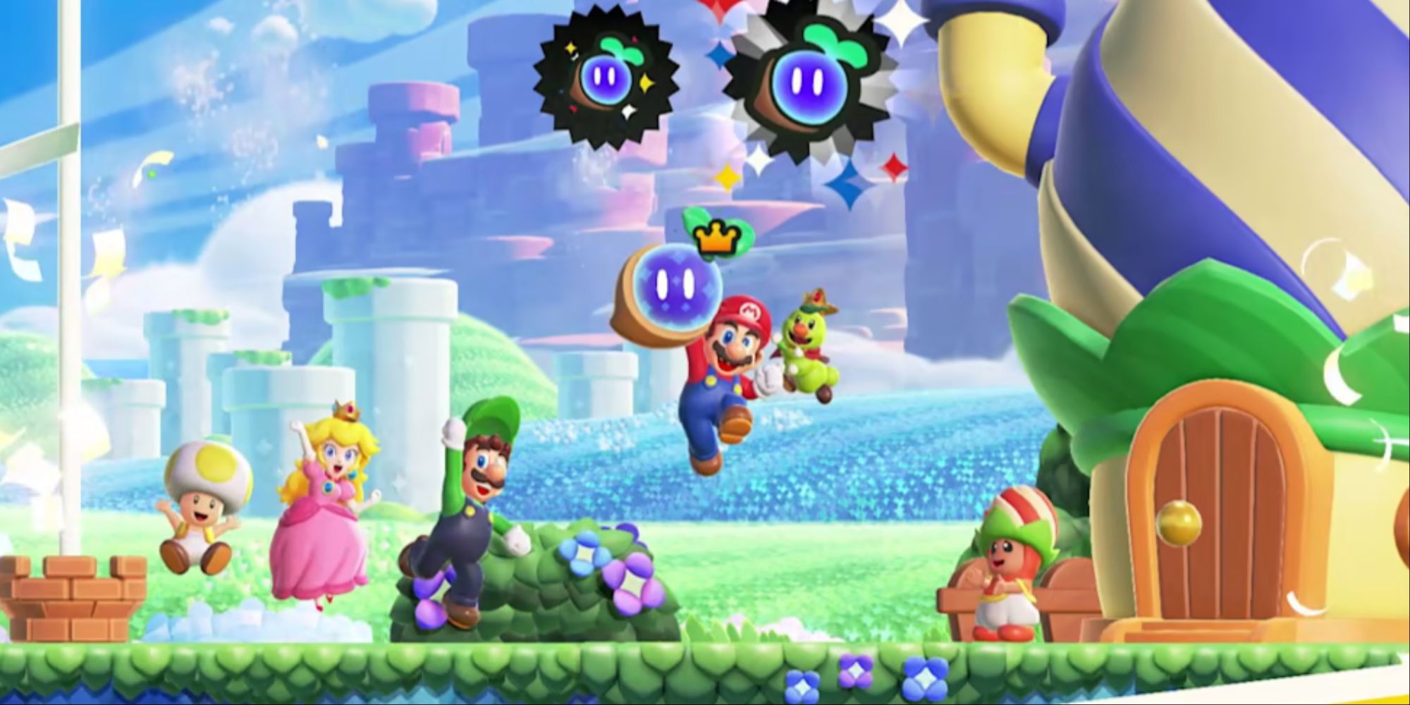 Toad, Peach, Luigi, and Mario jumping up in the air in victory poses by some floating characters and a Poplin standing near a shop.