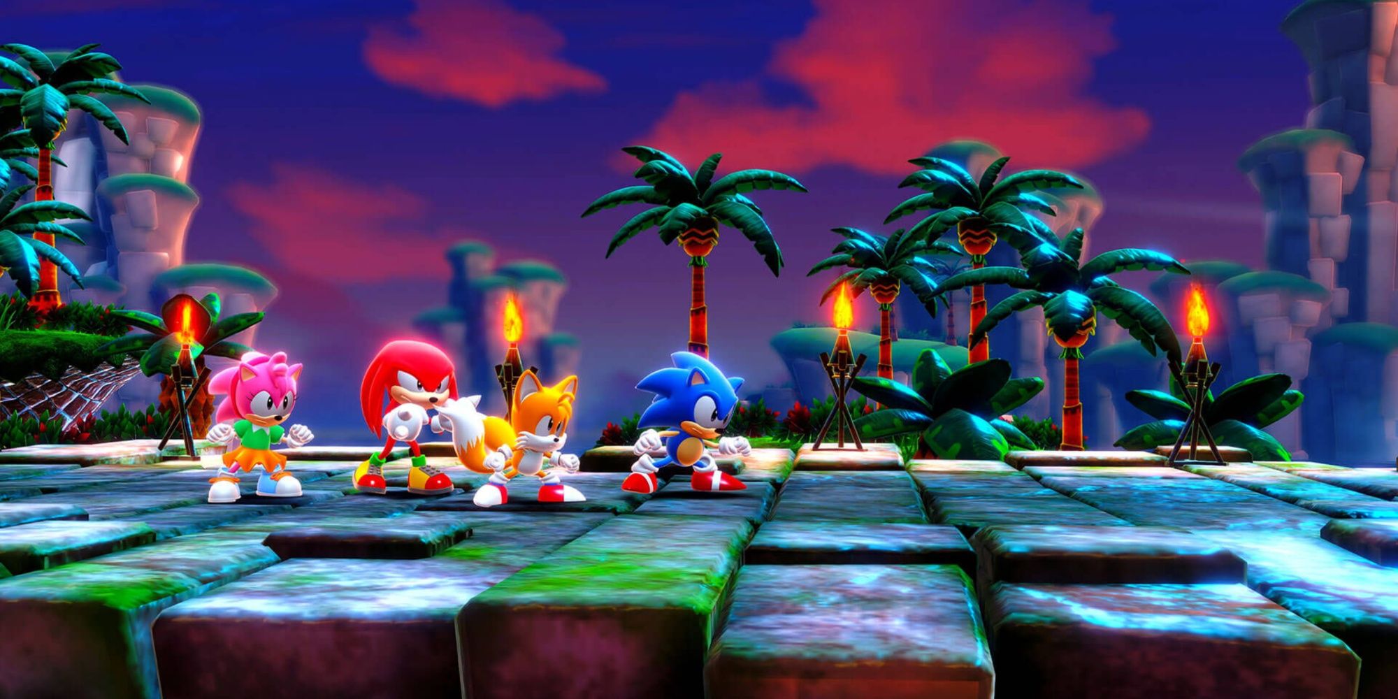 amy, knuckles, tails, and sonic preparing to fight a boss in sonic superstars