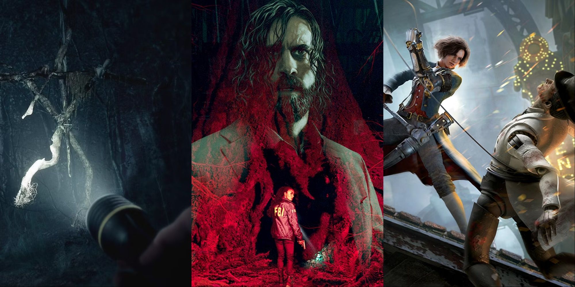Three-image collage of Ellis pointing his flashlight at a ritualistic stick symbol from Blair Witch, the cover art for Alan Wake 2 with Alan and Saga, and Pinocchio using the Puppet String grapple on an enemy in Lies of P.